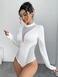 SHEIN Raffinéa 女款時尚透視網紗拼接長袖手指孔連身衣 - 白色 - 查看 7