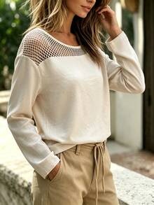 SHEIN Hollow Mesh Patchwork Round Neck Cold Shoulder Long Sleeve Casual Versatile Autumn Women's Shirt - Apricot - View 3