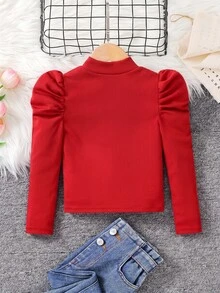 Emery Rose Kids Emery Rose Kids 女童修身復古羊腿袖小立領T恤，運動風，適合秋冬休閒日常穿著與上學穿搭，酷街頭風，萬聖節，Y2K女孩，休閒可愛，姐妹裝，母女套裝，黑色 - 紅色 - 查看 7