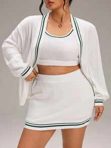 EMERY ROSE Plus Size Contrast Color Wide Strap Tank Top & Bodycon Mini Skirt & Knit Cardigan, Suitable For Sports Wear - White - View 6