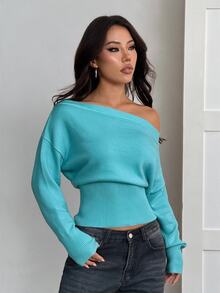 SHEIN PETITE 女款純色不對稱肩休閒長袖針織衫，適合日常穿著 - 薄荷藍 - 查看 7
