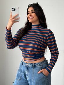 SHEIN EZwear Plus Size Women's Striped Casual Long Sleeve T-Shirt For Daily Wear - Navy Blue - View 3