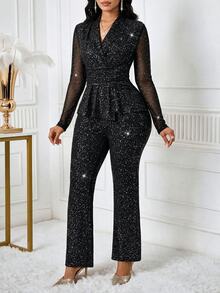 SHEIN Lady Setelan Pesta Wanita 2 Potong Atasan dan Celana Panjang Lengan Transparan dengan Hiasan Rhinestone dan Pinggang Berkerut - Purple - View 5