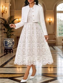 Fleurora Women's Round Neck Sleeveless Lace Waist-Cinching Dress And Solid Color Single-Breasted Long Sleeve Jacket 2 Pieces Set - White - View 6