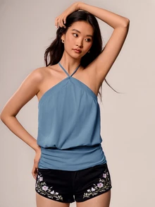 Willow Rêve Women's Purple Knitted Spaghetti Strap Strap Top, Casual Vacation Style - Blue - View 8