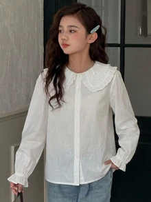 Dazy Kids Tween女孩秋季服飾 蕾絲娃娃臉泡泡袖長袖甜美襯衫 - 白色 - 查看 5