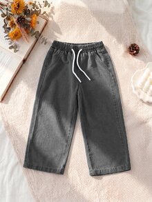 SHEIN Explorewe 女童牛仔褲，秋季新品，黑色，彈性腰帶抽繩設計，寬鬆版型，輕量柔軟牛仔布料製成，舒適親膚，適合四季穿著，日常穿搭、拍照、購物、外出、度假等多用途，2026新款女童牛仔褲 - 黑色 - 查看 3