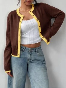 SHEIN BASICS 女款時尚對比色鈕扣針織薄款開襟衫 - 咖啡棕 - 查看 5