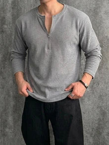 DAZY 春秋款男士灰色素色花卉圓領半拉鍊長袖上衣 - 灰色 - 查看 5
