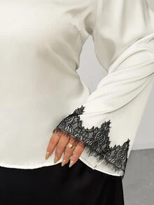 Elenzga Plus Size Elegant Commuter Style Long Sleeve Top Flared Skirt 2 Pieces Set Brunch Office All White Black Fall - Black - View 6