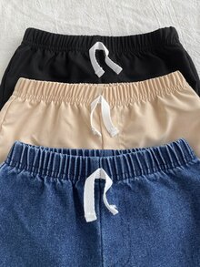 SHEIN 3件組幼兒男童牛仔慢跑褲 學院風 藍色 米色 黑色 抽繩彈性腰 束口褲腳 常規款 假日 秋季 冬季 素色 - 彩色 - 查看 4