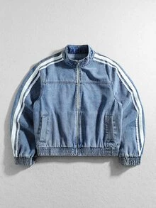 ROMWE MEN Men's Loose Fit Stand Collar Denim Jacket - Light Wash - View 1
