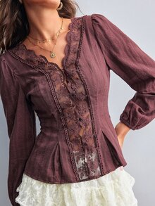 Willow Rêve Women's Brown Jacquard Woven Fabric Contrast Lace Trim Puff Long Sleeve Blouse - Brown - View 5
