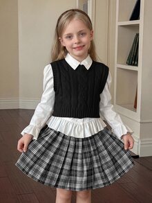 SHEIN Young Girl Ribbed Knit Sweater Vest With Cable Texture, Elegant & Cute, High Quality, Warm & Soft - Black - View 1