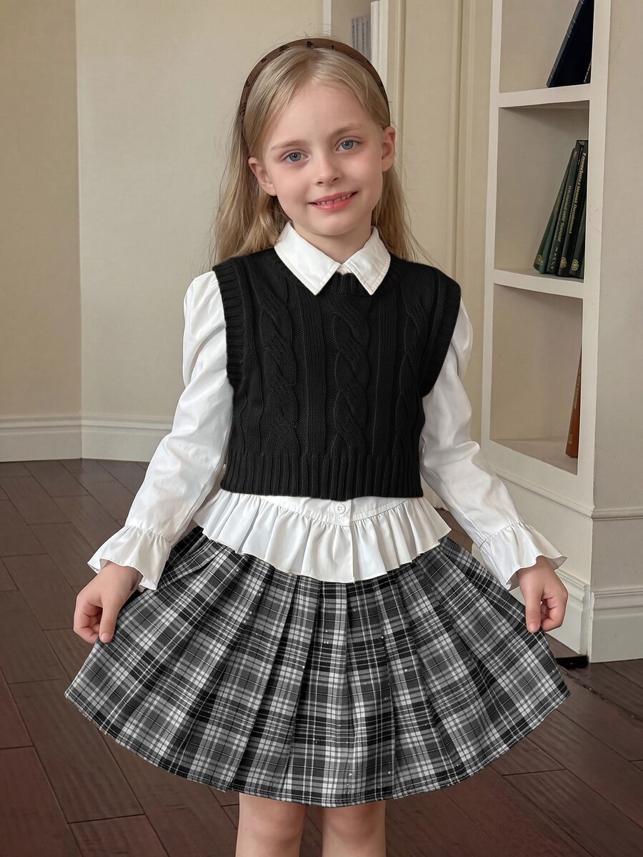 SHEIN Young Girl Ribbed Knit Sweater Vest With Cable Texture, Elegant & Cute, High Quality, Warm & Soft - Black - View 1