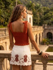 CAJUNI Tropical Vacation Chic Brown Shirring Top With Bow Straps - Rust Brown - View 2
