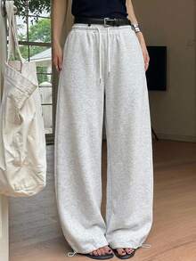 DAZY Celana Sweatpants Kasual Wanita Warna Polos dengan Tali Serut di Pinggang dan Saku, Potongan Lebar. - Grey - View 3