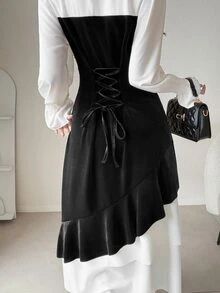FRIFUL Women's Elegant Long Dress With Stand Collar And Bow Decor, 2 In 1 Design - Black - View 7