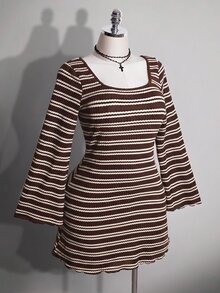 SHEIN ICON 大尺碼彩色條紋露背喇叭袖針織洋裝 - 咖啡棕 - 查看 5