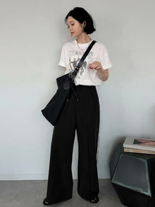 DAZY 女款拼色寬腿寬鬆休閒長褲 - 黑色 - 查看 7