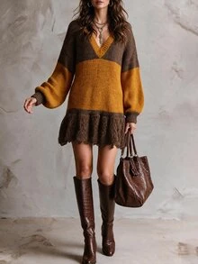 Solivie Women's Contrast Color V-Neck Dropped Shoulder Long Sleeve Tassel Hem Knit Dress Thanksgiving Everyday Date Brown And Yellow Fall Boho - Multicolor - View 3