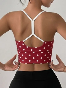DAZY Polka Dot All-Over Print Contrast Color Strap Padded Sports Bra For Women - Burgundy - View 1