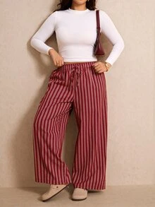 Elaquor Plus Size Minimalist Drawstring Waist Striped Loose Pants - Red - View 3
