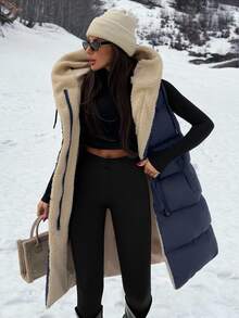 SHEIN Clasi Two-Tone Reversible Padded Zipper Front Pockets Drawstring Hood Vest Jacket - Navy Blue - View 1