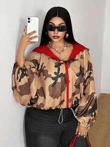 Maweii New Printed Loose Casual Colorblock Short Long Sleeve Jacket - Army Green - View 6
