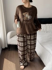 Napfluff CURVE Napfluff CURVE Cute Cartoon Bear Plush Home Wear, Fashion Plaid Casual Pajama 2 Pieces Set - Brown - View 8