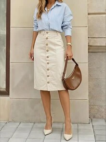 Selenza Women's Fashion Versatile Button Denim Skirt - Beige - View 3
