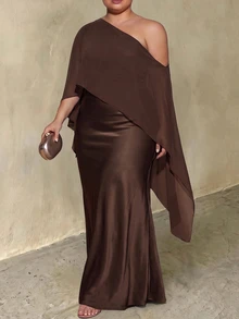 SHEIN CURVE+ Plus Size Women's Asymmetrical Shoulder Casual Party Dress - Brown - View 1
