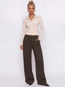 Avantive Women's Striped Pocket Straight Leg Casual Commute Suit Pants - Rust Brown - View 6
