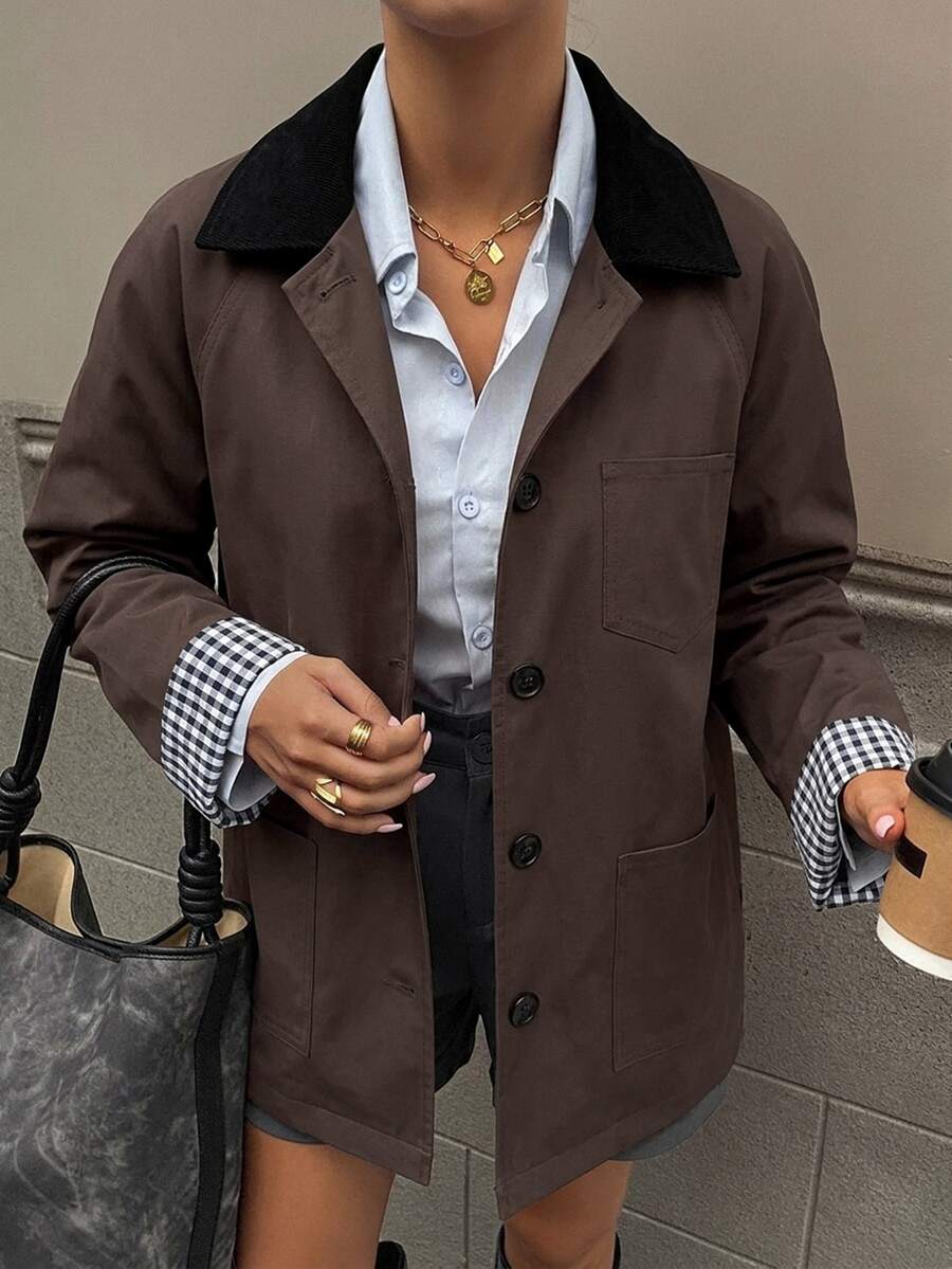 DAZY Women's Casual Colorblock Trench Coat, Regular Fit Autumn Jacket - Brown - View 1