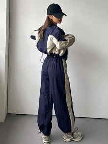 DAZY Women's Colorblock Patchwork Stand Collar Jacket & Pants Fashion 2 Pieces Set - Navy Blue - View 2