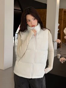 K-Vae Women's Autumn/Winter Stand Collar Zipper Sleeveless Padded Vest Jacket - Beige - View 4