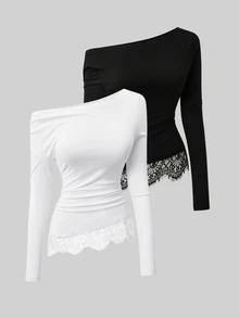 Sweetra 2pcs Long Sleeve Lace Trim T-Shirt Set - Multicolor - View 1