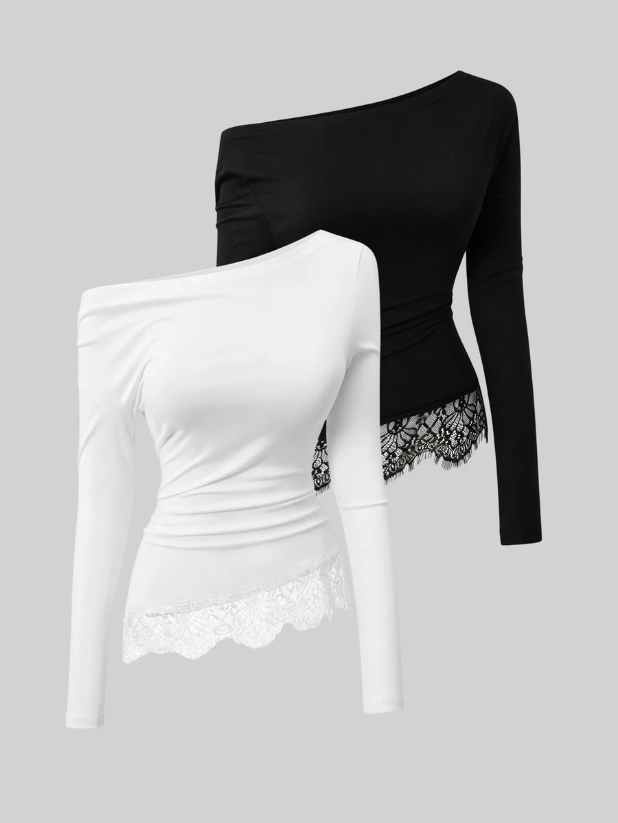 Sweetra 2pcs Long Sleeve Lace Trim T-Shirt Set - Multicolor - View 1