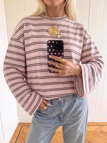 SHEIN EZwear 大尺碼女款海外長袖草莓巧克力條紋襯衫，秋季上衣，適合日常通勤、聚會，秋/冬/夏 - 彩色 - 查看 4