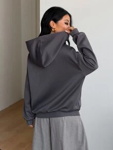 Coolane 女款秋冬休閒街頭風時尚復古圖案日常穿著學院風派對灰色寬鬆拉鍊保暖連帽衫秋季上衣 - 深灰色 - 查看 6