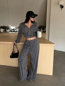 DAZY Women's 2pcs Set Gray Short Zip-Up Hoodie With Drawstring And Wide Leg Long Pants, Washed Distressed Street Casual Sportswear, Autumn/Winter - Grey - View 5