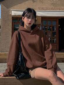 DAZY Unisex Loose Fit Hooded Casual Thermal Lined Solid Color Sweatshirt For Women - Brown - View 5