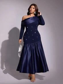Viva Relle Plus-Size Sexy Asymmetrical Shoulder Pearl And Diamond Dress Fall - Navy Blue - View 4