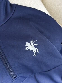 SHEIN 青少年女孩套裝，小高領長袖寬鬆衛衣搭配休閒寬腿運動褲，運動束口褲，校園度假風，海軍藍，秋季 - 藏蓝色 - 查看 6