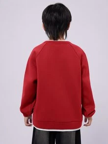 SHEIN 兒童青少年男孩紅白條紋套頭衫，秋季休閒開學圓領寬鬆對比色拼接長袖針織運動衫 - 紅色 - 查看 3
