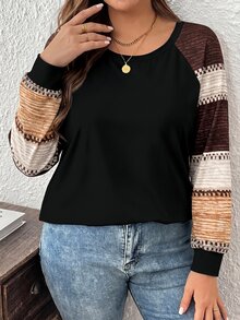 SHEIN VCAY 女款大尺碼長袖圓領寬鬆黑色上衣，印花拼接設計，休閒日常穿著，適合秋冬 - 彩色 - 查看 3