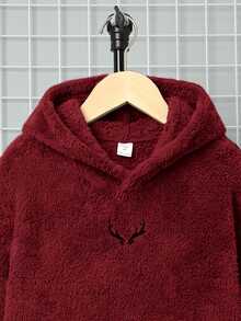 SHEIN 兒童男童休閒刺繡雙面抓絨連帽套頭針織衛衣 秋冬款 - 紅色 - 查看 6