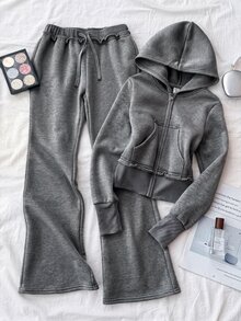 Tween Girl Dark Gray Zip-Up Hoodie & Sweatpants Casual Set - Grey - View 1