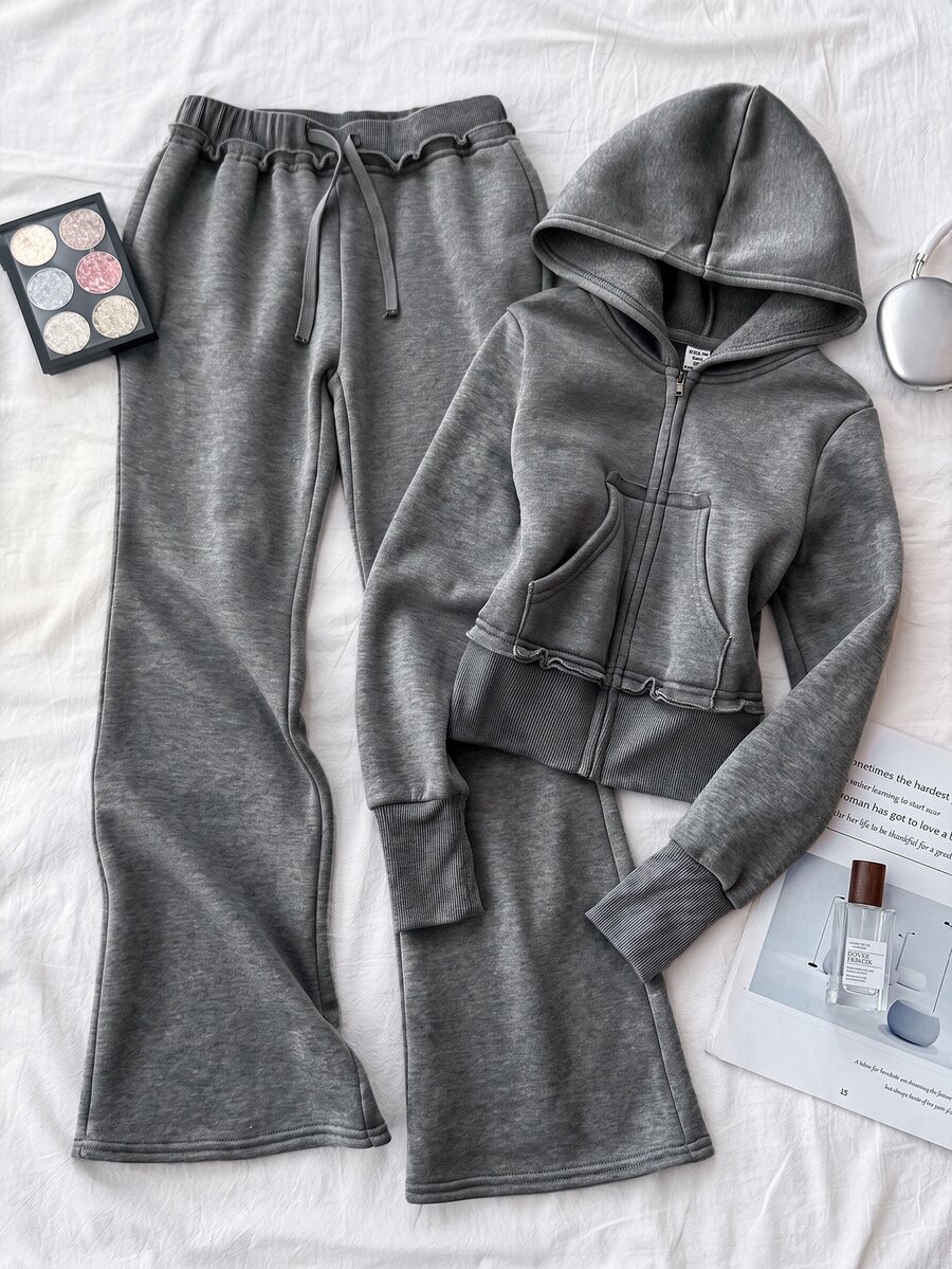 Tween Girl Dark Gray Zip-Up Hoodie & Sweatpants Casual Set - Grey - View 1