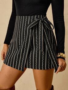 Freevana Women Boho Striped Floral Wrap Mini Skirt With Side Tie Knot And Asymmetrical Hemline - Black - View 1